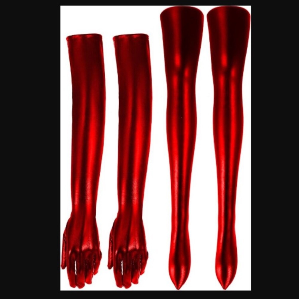 Elastic Spandex Red Shiny Wet Long Gloves and Thigh High Stockings new